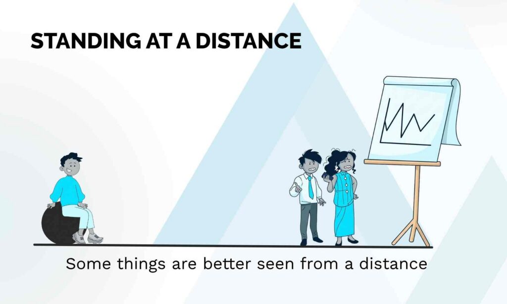 A couple focusing on the short term market volatility and a disciplined investor standing back and focusing on the big picture and not reacting to short term market noise or news. 